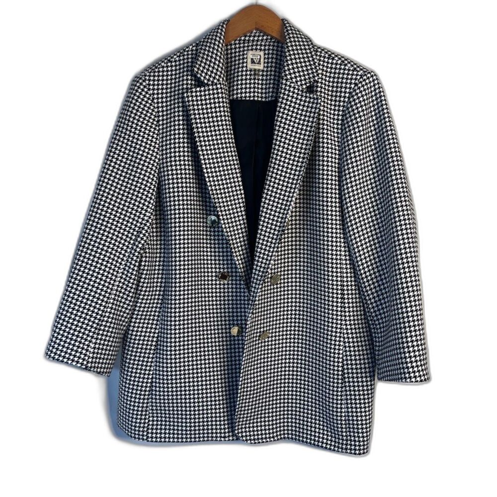 Anne Klein Houndstooth Open Front Gold Button Lined Blazer Jacket Size XL